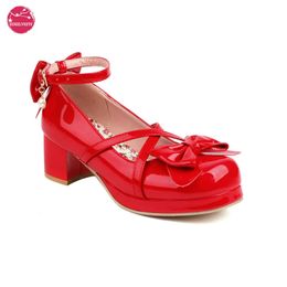 Glossy Patent Leather Lolita Shoes Women Red Bride Wedding Party Strappy Platform Mary Janes Pumps Ankle Strap Block Cuban Heels 240515