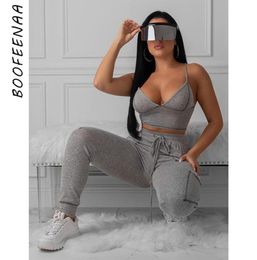 BOOFEENAA Sexy Tracksuit Womens Clothing Gym Sports 2 Piece Outfits Crop Top Pants Matching Sets Sweat Suits Lounge Wear C87AE01 T5458753