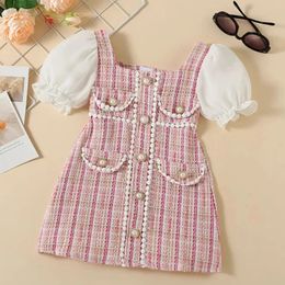 Bear Leader Children Kleidung koreanischer Stil Tweed Plaid Perlenknopf Kleine Pelzkugel Dekoration Duftstil Bubble Sleeve Kleid 240520