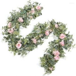 Decorative Flowers Pink Rose Artificial Vine Eucalyptus Fake Plant For Home Room Table Decor Garden Wedding Decoration Garland Accessories