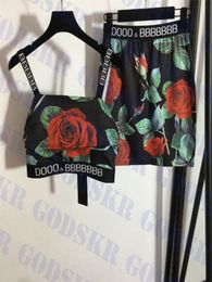 Rose Print Sling Tanks Skirt Suit Letter Logo Cropped Tops High Waist Dress For Women7362251