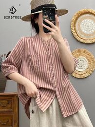 Women's Blouses Spring Cotton Casual Shirts Women V Neck Striped Girl Half Sleeve Fashion Commute OL Loose Top 2024 Summer T456132QC
