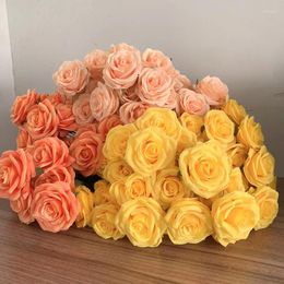 Decorative Flowers 9Heads Roses Bouquet Artificial Flower Yellow Golden Orange Sunset Champagne Rose Fake Living Room Decoration Wedding