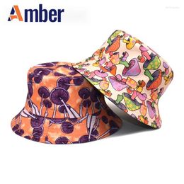 Berets Amber Muthroom Print Bucket Hat Double Sides Panama Fisherman Hats Men Women Reversible Summer Outdoor Cartoon Foldable Cap