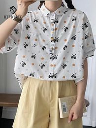 Women's Blouses Spring Cotton Cartoon Printed Shirt Women Short Sleeve Lapel Sweet Tops Girl OL Loose Casual 2024 Summer T45681QC