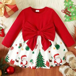 Girl Dresses Christmas Dress For Girls Santa Claus Graphic Bowknot Design Splice Long-sleeve Toddler Year Xmas Red