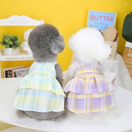 Dog Apparel Puppy Clothes Spring-Summer Type 2024 Green Thin Teddy Small Plaid Layered Princess Dress