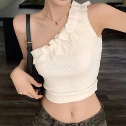 Women's Tanks ITOOLIN Y2K Crop Tops Women Ruffle Sloping Shoulder Tank With Bra Pad Knitted Sexy Camisole For Spring Summer 2024