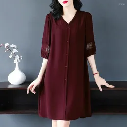 Casual Dresses Single-breasted Button Dress Elegant Plus Size Lace Midi For Women V Neck A-line Knee Length Summer With Half