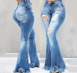 Women039s Jeans Hole High Waist Flare With Pockets 2021 Streetwear Tassel Sexy Ladies Trousers Bell Bottoms Skinny Denim Jean P8556557