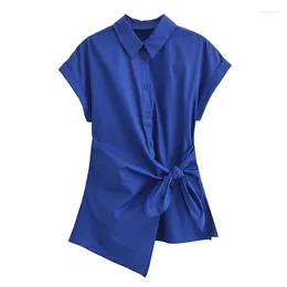 Women's Blouses YENKYE 2024 Women Asymmetric Hem Knotted Shirt Turned-up Short Sleeves Lapel Collar Female Casual Blouse Summer Tops