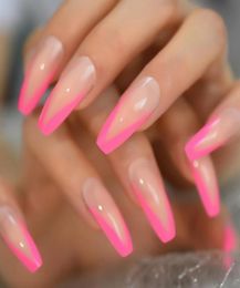 Long Acrylic French Nail Tips Pink Designes V Pattern Coffin False Nails Cuved Nails Salon Professional Products6858822