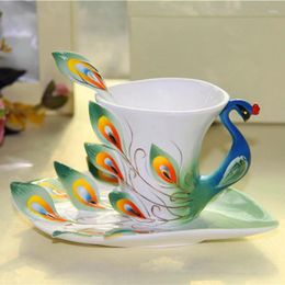 Mugs Enamel Porcelain Peacock Coffee Mug Chinese Elegant Ceramic Cup And Saucer Set Tea With Spoon Couple Cups Christmas Gifts