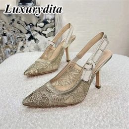 Luxury Womens High Heel Sandal Casual Lace Fashion 95mm 65mm 13mm Hight Quality Embroidered Muller Flat Shoes real Leather sole Designer Silk with box XY54