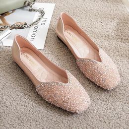 Casual Shoes Pink Sequines Cloth Women Flats Crystal Beads Ballerina Female Square Toe Shiny Gold Moccasins Rhinestone Loafers Size 43