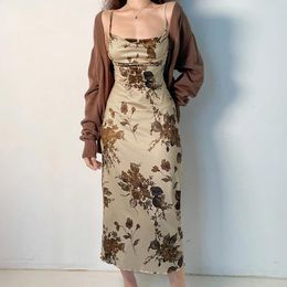 Casual Dresses 2024 Y2k Vintage Strap Dress Retro Floral Print Sleeveless Summer Party Long For Women 2000s Aesthetic Elegant Ladies