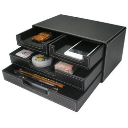 3 Layer Stationery Storage Drawers Box Desktop Sundries Organizer Box Artificial Leather Multi-Functional Desk Organizer Black
