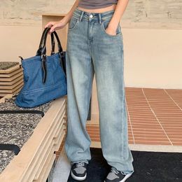 Women's Jeans High-Waisted All Cotton Wide-Legged Denim Women's Wash Blue Sagging Baggy Straight-Leg Pants Floor-Length