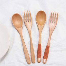 Spoons 2PCS Wooden Soups Kitchen Supplies Rice Cereal Tableware Spoon Dinnerware Sets Fork