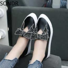 Casual Shoes 2024 Womens Pointed Toe Faux Leather Bowknot Rhinestones Flats Loafers Slip On Girls Black White