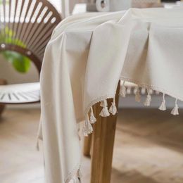 Table Cloth A Set Of White Solid Color Cotton And Linen Dustproof Farmhouse Decoration With Tassel Tablecloth