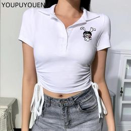 Women's Polos 2024 Summer Lapel Ladies Short Sleeve Polo Shirt Casual Office Embroidery Drawstring Tie Crop Top White Clothes