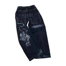 Gothic Tiger Graphic Print Jeans JNCO Hip Hop Baggy Punk Rock Black Denim Pants Y2k Retro Streetwear Wide Trousers Men Clothing 240524