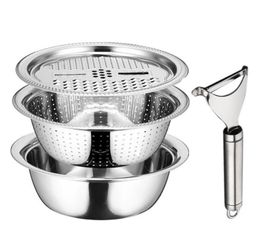 Stainless Steel Drain Tray Grater Mixing Bowl Basin Set With Vegetable Cutter Chopper Peeler 5Quart Set Of 4 Storage Baskets3949925