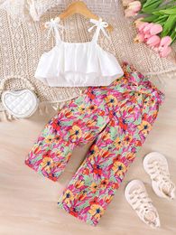 Clothing Sets Girls' Summer Product Children's Set White Sweet Ruffled Camisole Vacation Style Wide-Leg Pants Two-Piece