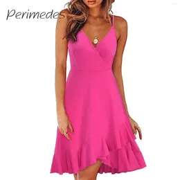 Casual Dresses Women'S Dress Wrap Hip V-Neck Adjustable Spaghetti Straps Chest Pleats Ruffle Summer Knee Length Open Back