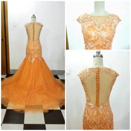 Party Dresses Real Pictures Evening Dress Mermaid Orange Lace Tulle Prom Buttons With Zipper Back Sweep Train