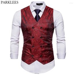 Men's Vests Red Paisley Double Breasted Dress Vest 2024 Brand Slim Fit Formal Business Sleeveless Waistcoat Men Chaleco Hombre 2XL