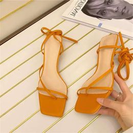 SONDR Fashion Women Sandals Stiletto Shoes Heels Squared Toe Gladiator Lace Up Ankle Strap Narrow Band Par 01b