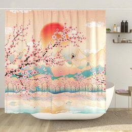 Shower Curtains Fashion Curtain Asian Art Mountain Anime Cherry Blossom Pattern Bathroom Decoration Polyester Fabric