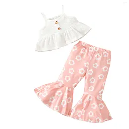 Clothing Sets Baby Girls Summer Outfit White Sleeveless Ribbed Sling Vest Pink Floral Flared Pants