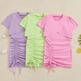 Clothing Sets Baby Girls Two Piece Outfits Solid Color Short Sleeve T-Shirt And Drawstring Ruched Sleeveless Dress Set Summer Children