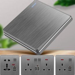 Nordic style large tilt plate grey 13A British standard electrical switch socket, universal wall dual socket with USB port 2.1A
