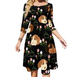 Casual Dresses Guinea Pig And Flowers-Black Square Neck Dress Cute Loose Print Beach Party