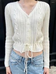 Women's Knits Twisted Flower Lace-up Sweater Cardigan Women Spring Lace Trim V-neck Cotton Slim Crop Top Vintage Beige High Waist Coat