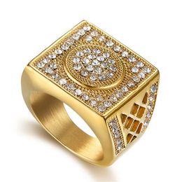 Hip Hop Mens Iced Out CZ Geometric Square Ring 14K Gold Cool Party Man Rings Bling Jewlery