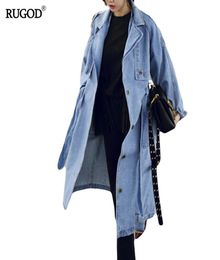 RUGOD Spring Autumn Women Casual Loose XLong Denim Trench Coat Female Denim Overalls Plus Size Adjustable Waist Coat5898545