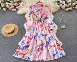 Women Pink Floral Holiday Beach Dress Spring Autumn Runway Stand Collar Lantern Sleeve Party Pleated Vestidos 20226139814