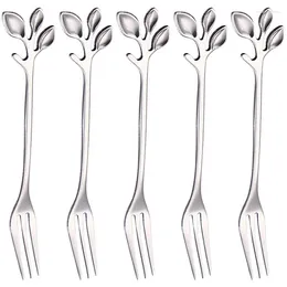 Forks Stainless Steel Fork Leaf-Shaped Handle Dessert Fruit Salad Kitchen Accessories. Silver 5 Items