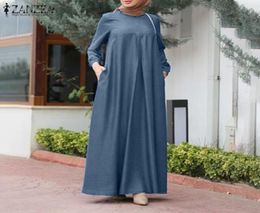 ZANZEA Vintage Muslim Dress Women Autumn Sundress Casual Long Sleeve Kaftan Dubai Abaya Turkey Hijab Dress Islamic Clothing Robe Y7605888