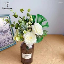 Wedding Flowers Mixed Forest Monstrea Silk Bouquet Bride Small Mini Rose Hydrangea Flore Fake For Home Decoration Indoor