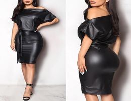 Women PU Leather Mini Dress Sexy Black Crew Neck Wet Look Bodycon Bandage Party Club Plus Size Casual Dresses7522828