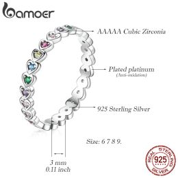 bamoer Silver Rainbow Love Ring Crystal Heart 925 Sterling Silver Jewelry Enamel Colorful Stars Ring for Women Wedding Jewelry