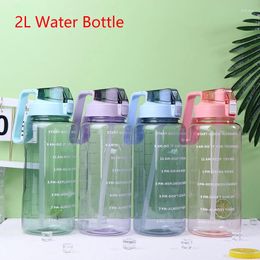 Water Bottles 2L Large Capacity Bottle Straw Cup Gradient Colour Plastic Cups With Time Marker Outdoor Fitness Sports