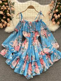 Casual Dresses Women Sexy Vacation Style Jumpsuit Summer One Line Collar Off Shoulder Bubble Sleeves High Slim Short Chiffon Print Dress