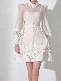 Casual Dresses Long Sleeve Embroidery High Waist Solid White Women Elegant 2024 Lace Party Spring Boho Runway Dress Autumn Luxury Woman